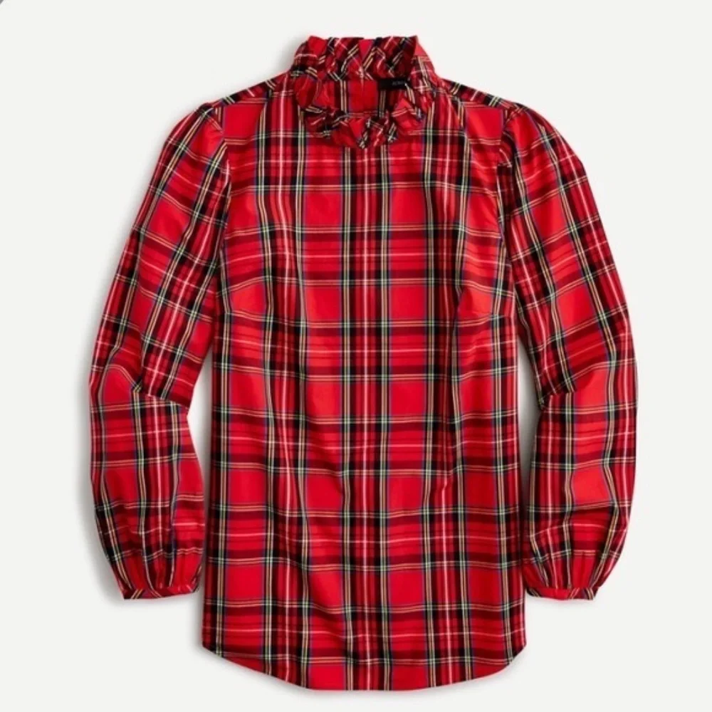J. CREW Red Tartan Plaid Ruffle Top Blouse Holidays Festive Preppy X-Small